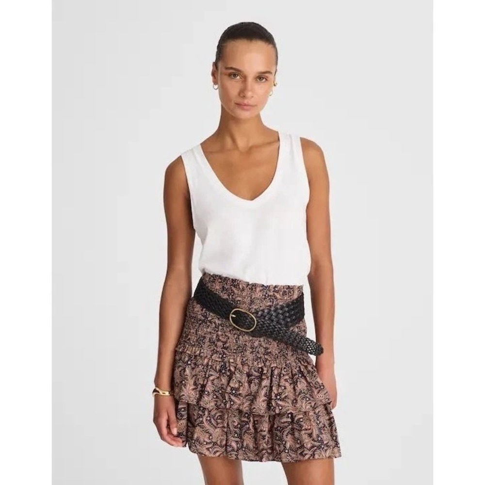 Madewell Paisley Smocked Ruffle Mini Skirt Navy Brown Floral Tiered Boho Size 4